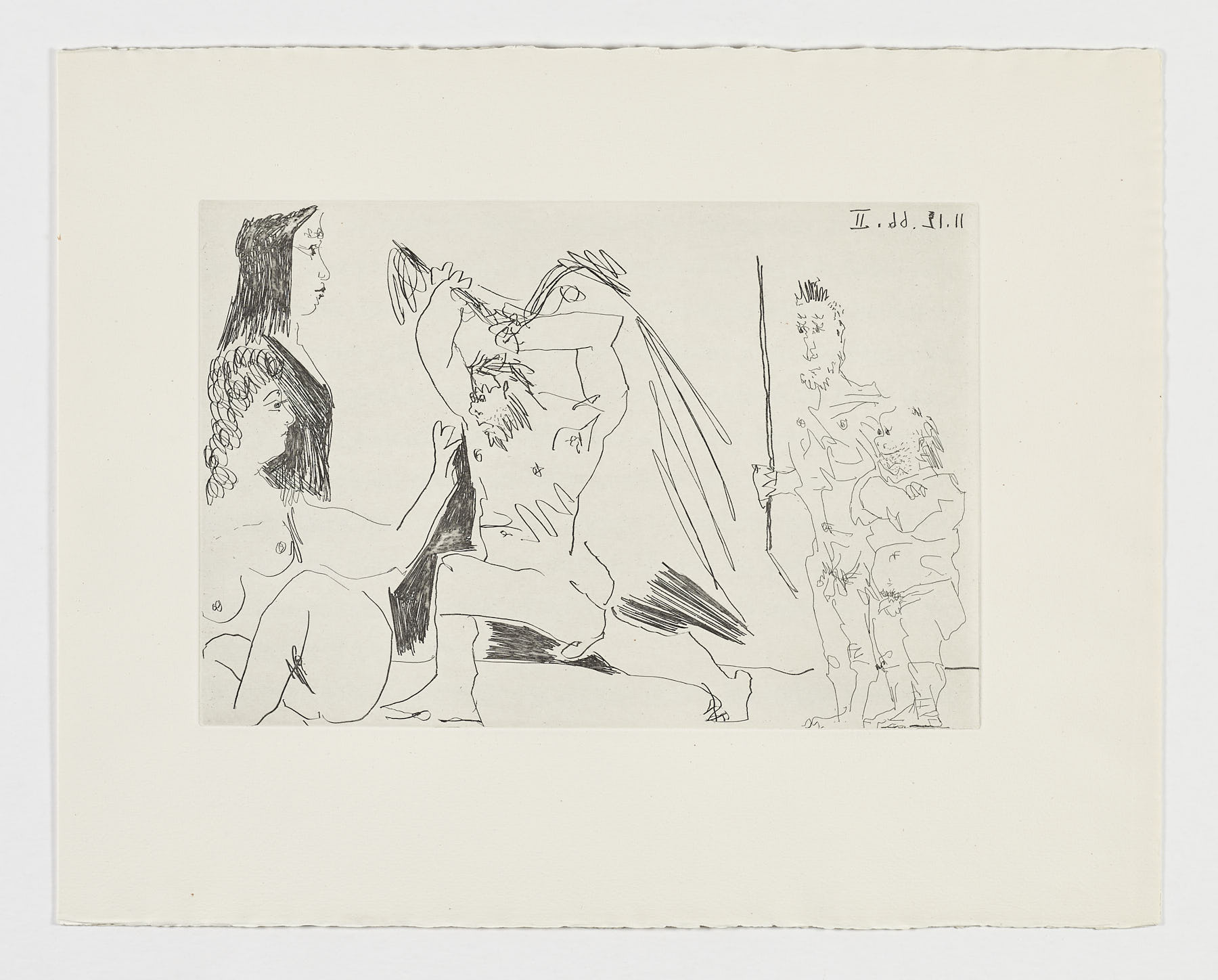 Barbudo encolerizado con dos mujeres indiferentes y dos espectadores, 1966, Pablo Picasso
