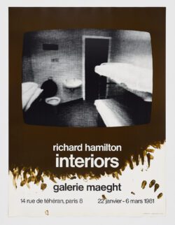 About the work 1981 poster advertising Hamilton's "Interiors" show at Galerie Maeght, 14 rue de Teheran, Paris, France. The exhibition was from 22 January to 6 March, 1981.This image was created by Hamilton in a response to a hunger strike organized by jailed IRA members during the Prime MinisterThatcher years. It is … Read more Materials Offset Lithograph Size 31 1/2 × 23 1/2 in | 80 × 59.7 cm Rarity Unknown edition Medium Print Condition A: Mint Signature Not signed Certificate of authenticity Included (issued by gallery) Frame Not included RH RH Richard Hamilton British, 1922–2011 Follow In his celebrated collages that set the stage for Pop art, Richard Hamilton explored the relationship between fine art, product design, and popular culture. Hamilton’s style is exemplified in his most famous work, Just What Is It that Makes Today’s Homes So Different, So Appealing? (1956), which features a mélange of disparate images cut out from magazines. The result is a strange, domestic interior scene featuring a nude couple rendered in grayscale. When the Whitechapel Gallery included the piece in its seminal “This Is Tomorrow” exhibition in 1956, it was met with acclaim and helped spur the development of Pop art. Hamilton’s work has been exhibited in New York, London, Paris, Cologne, Seoul, and Los Angeles and belongs in the collections of the Kunstmuseum Basel, the Tate, the Victoria and Albert Museum, the Guggenheim Museum, the Metropolitan Museum of Art, and the Museum of Modern Art. His pieces have sold for six figures on the secondary market. Established Represented by industry leading galleries. Collected by a major museum Museum of Modern Art (MoMA)|Centre Pompidou|Tate|Solomon R. Guggenheim Museum|The Metropolitan Museum of Art|National Gallery of Art, Washington, D.C.|Louisiana Museum of Art|Hirshhorn Museum and Sculpture Garden|Museu d'Art Contemporani de Barcelona (MACBA)|Museo Reina Sofia|Art Institute of Chicago|MCA Chicago|Moderna Museet, Stockholm Selected exhibitions 2025 Found Objects, Cristea Roberts Gallery 2024 REMASTERED, Cristea Roberts Gallery 2014 Richard Hamilton - Word and Image: Prints 1963 - 2007, Cristea Roberts Gallery View all A A ArtWise Brooklyn Interiors, 1981, Richard Hamilton,