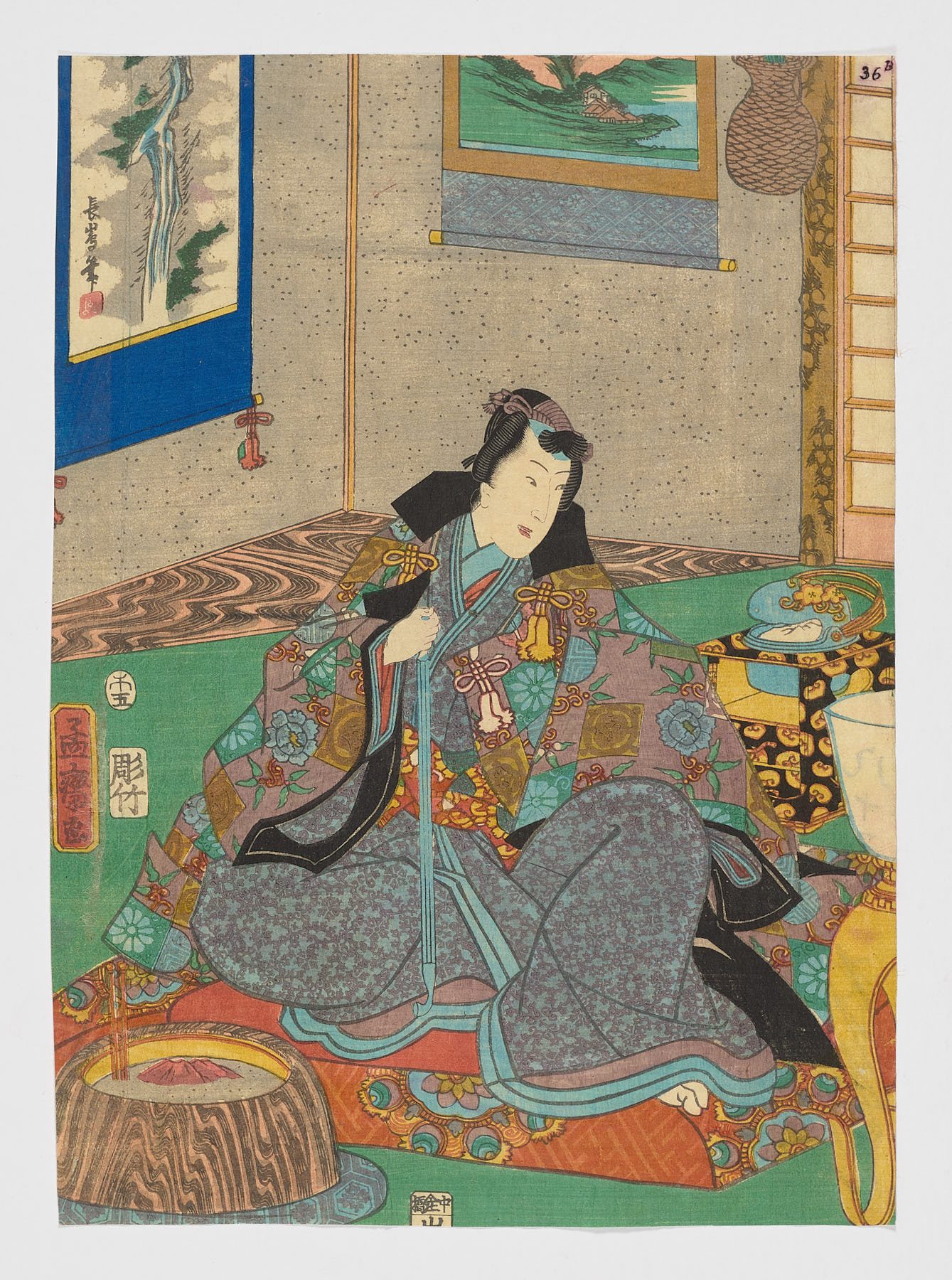 Kashiwagi (柏木, «El roble»). Serie Murasaki Shikibu Genji karuta (Las cartas Genji de Murasaki Shikibu), Utagawa Kunisada II