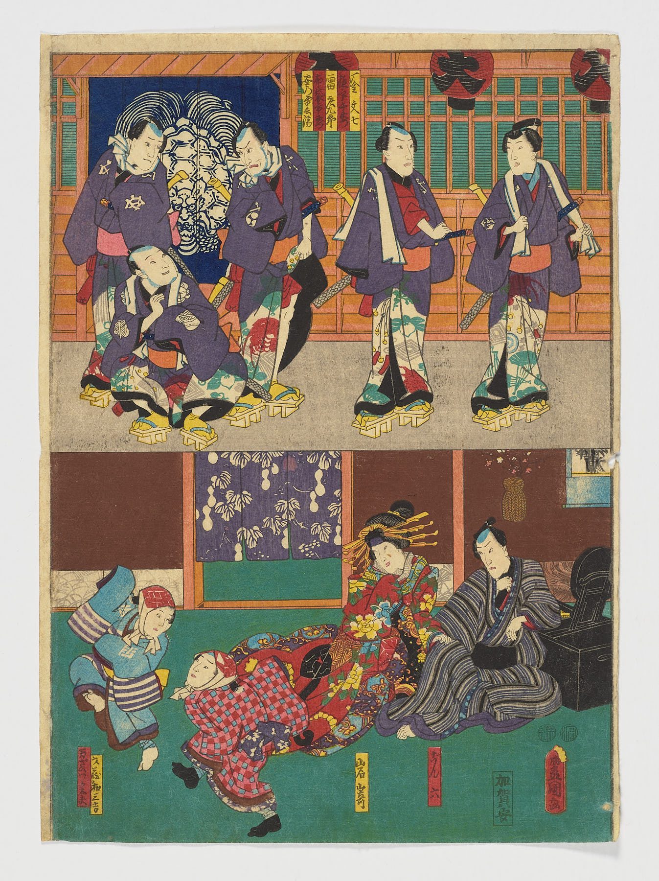 Actores como los cinco Otokodata y actores de kabuki, Utagawa Kunisada (Toyokuni III)