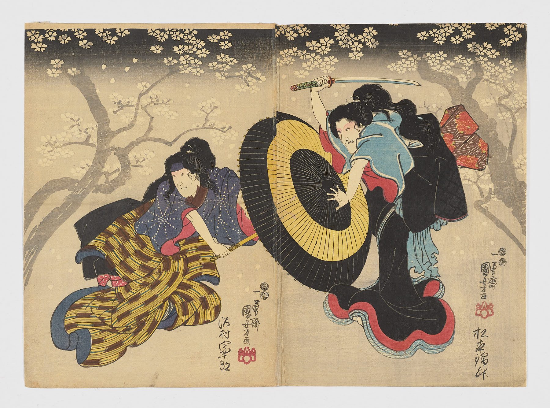 Dos mujeres peleándose bajo un cerezo, escena de una obra de teatro kabuki, Utagawa Kuniyoshi (1798-1861)