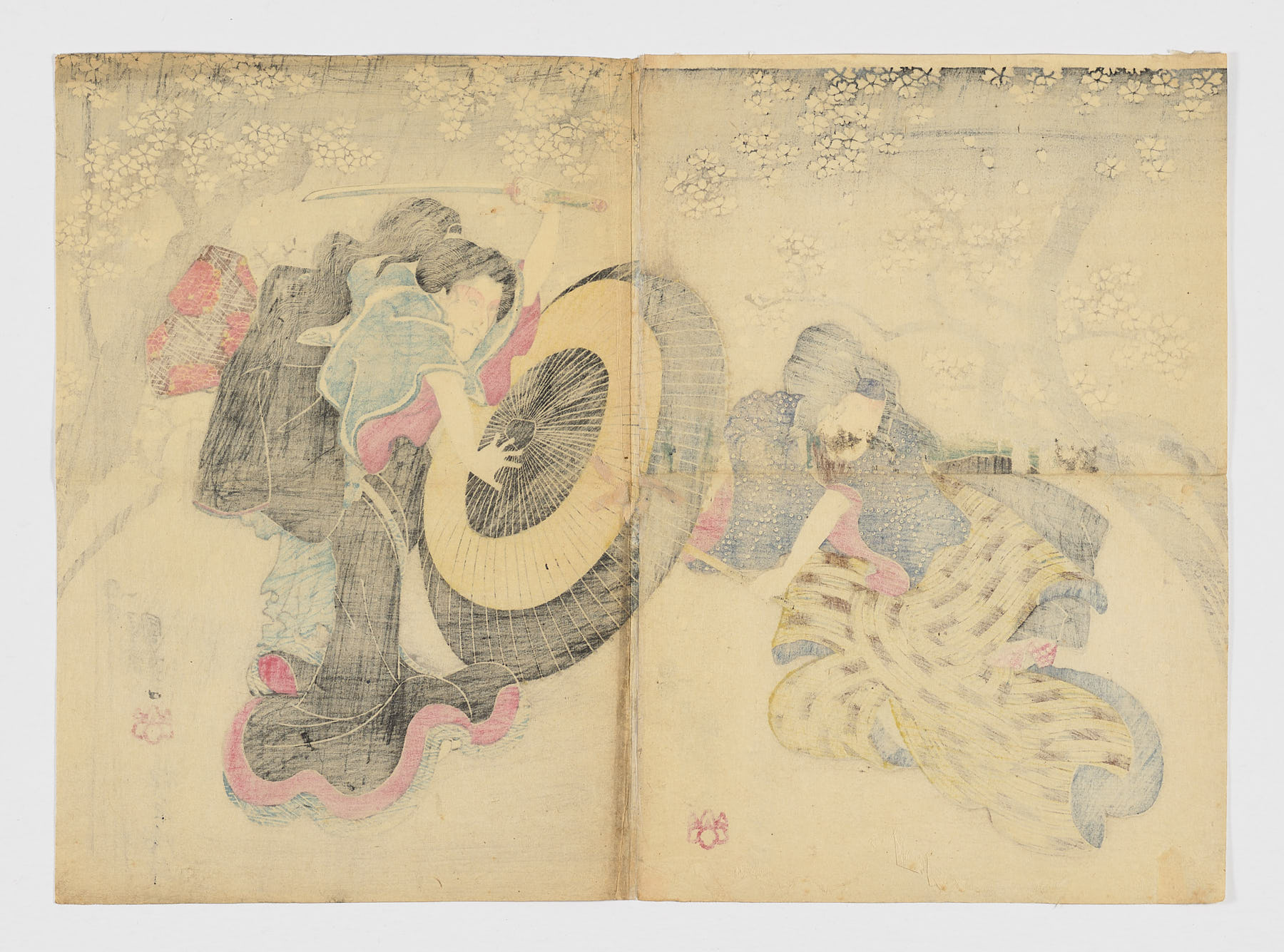Dos mujeres peleándose bajo un cerezo, escena de una obra de teatro kabuki, Utagawa Kuniyoshi (1798-1861)