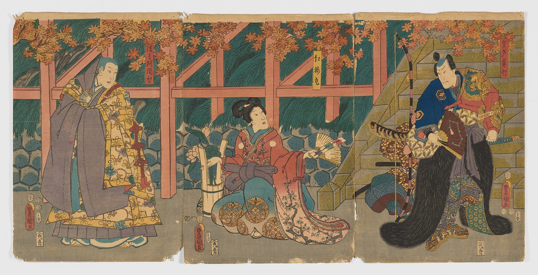 Actores Bandō Hikosaburō IV como Muroto Sadayuki, Onoe Baikō IV como Kōbaimaru, and Ichikawa Kodanji IV como Hōryō Ajari