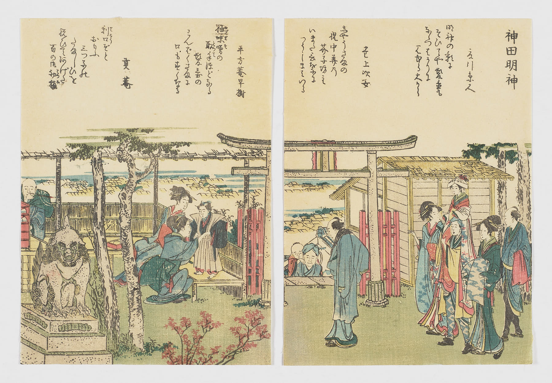 Vista del santuario Kanda Myōjin, con poemas de Hirakataan Hayaki, Mitsugian y dos colaboradores, Katsushika Hokusai